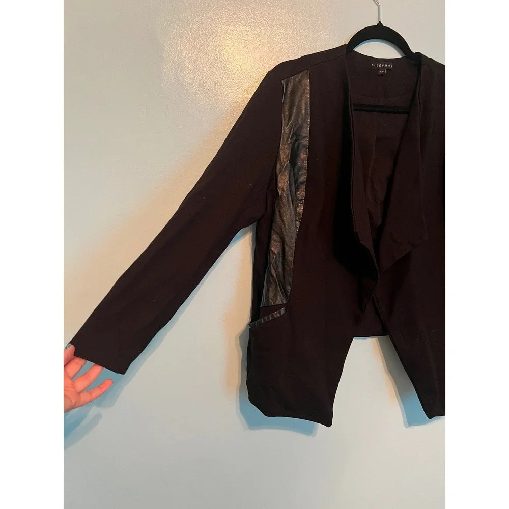 Quiet Luxury Draped Open Jacket Ellerman Black Faux Leather Trim 14